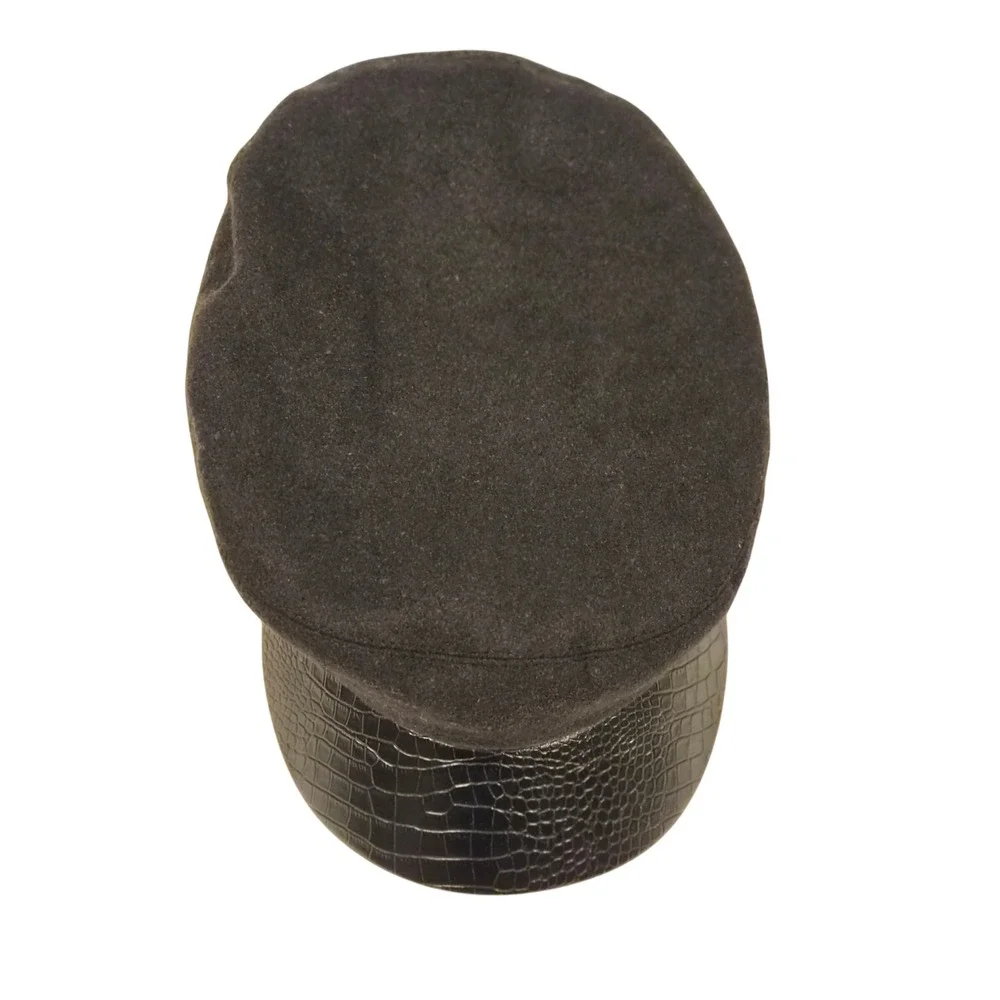 BCBGMAXAZRIA Black Wool Blend Baker Boy Hat Croc Embossed Faux Leather Trim OSFM